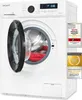 A white front-loading washing machine with its door open, revealing a red towel inside. The control panel and several award badges are visible on the right side. Produktbild-Vorschau