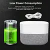 An illustration showing a battery and a speaker with text about power consumption. Produktbild-Vorschau