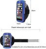 A diagram showing a blue arm pouch for a smartphone, with dimensions and usage information. Produktbild-Vorschau