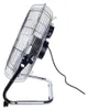 A chrome floor fan is shown from a side angle against a white background. Voir les images du produit