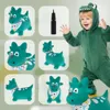 A collage of images showing a green inflatable dinosaur toy and a child in a dinosaur costume. Podgląd zdjęcia produktu