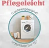 A washing machine and laundry basket are shown in a bathroom setting, with text overlays indicating product care instructions. Produktbild-Vorschau