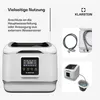 A collage of images showing a compact dishwasher and its accessories, with text describing its features. Produktbild-Vorschau