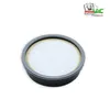 A round vacuum cleaner filter with a pleated white filter material and a gray and yellow rim, set against a white background. A small logo is in the top right corner. Produktbild-Vorschau