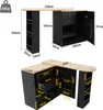 A diagram showing the dimensions of a black and wood kitchen island with drawers and a cabinet. Náhled obrázku produktu