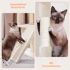 A split image showing a cat interacting with a cat tree. The left side shows a cat scratching on an inclined scratching surface, and the right side shows a cat holding onto a sisal-wrapped post. Produktbild-Vorschau