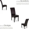 Multiple views of a dark brown upholstered dining chair with dark wooden legs, presented against a white background with descriptive text. Náhled obrázku produktu