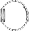 A side view of a silver watch with a metal band. Voir les images du produit