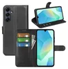 A collage of images showing a black leather wallet-style phone case for a Samsung Galaxy A17 5G / 4G. One image shows the case closed, another shows it open with cards and cash inserted, and a third shows the phone inside the case in a stand-up position. Produktbild-Vorschau