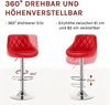 Two red bar stools are shown, one demonstrating 360-degree rotation and the other showing height adjustment. Produktbild-Vorschau