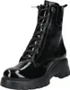 A black patent leather lace-up boot with a thick sole, shown from the front. Produktbild-Vorschau