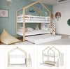 A bedroom scene featuring a bunk bed with a pull-out trundle, along with close-up shots of the bed from different angles. Produktbild-Vorschau