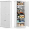 A white pantry cabinet with its doors open, revealing shelves stocked with various food items and kitchenware. The cabinet is shown from two angles: a full front view of the closed cabinet and a side view of the open cabinet. Náhled obrázku produktu