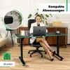 A woman is sitting at a black height-adjustable desk, working on a laptop. The desk has dimensions and features highlighted with green lines and text. Náhľad obrázku produktu
