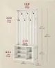 A white entryway organizer with hooks and shelves, with dimensions and weight capacity annotations. Náhled obrázku produktu
