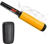 A yellow and black metal detector pinpointer with a black holster, with water splashing around it. Produktbild-Vorschau