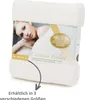 A folded white blanket with a product label showing a woman and product details. Produktbild-Vorschau