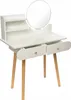 A white vanity table with a round mirror and wooden legs, set against a white background. Anteprima dell’immagine prodotto