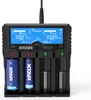 A black battery charger with a blue LCD screen displaying charging information, and two blue batteries inserted. Voir les images du produit