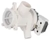 A white washing machine drain pump with a gray electrical connector is shown against a white background. Produktbild-Vorschau