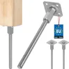 A product shot of adjustable post anchors, with a wooden block attached to one, and two smaller anchors shown separately. A 'Made in EU' tag is also visible. Produktbild-Vorschau