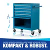 A blue tool cart with drawers and an open compartment, shown on a white background with text overlays and measurement indicators. Produktbild-Vorschau