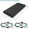 A black power bank is shown with dimensions and included cables. Produktbild-Vorschau