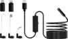 A collection of accessories for an endoscope camera, including adapters and attachments, laid out on a white background. Produktbild-Vorschau