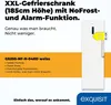 A white refrigerator with an energy efficiency label and marketing text. Produktbild-Vorschau