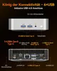 A marketing image showing the front and back of a mini computer with callouts for its various ports and features. Produktbild-Vorschau