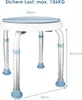 A white and blue adjustable shower stool with dimensions indicated. Produktbild-Vorschau