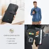 A collage of images showcasing a black leather wallet-style phone case with card slots and a zipper. Produktbild-Vorschau