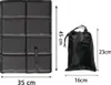 A folded outdoor seat cushion and its storage bag are shown next to each other with dimensions indicated. Podgląd zdjęcia produktu