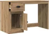 A close-up, front-facing view of a wooden desk with an open drawer and an open cabinet door. Voir les images du produit