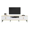A modern TV stand with a marble-look top and fluted white drawers, featuring a television on top. Podgląd zdjęcia produktu