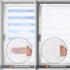 A split image showing two roller blinds in a window, demonstrating different light filtering capabilities. The left side shows a blind with blue stripes and a hand demonstrating partial light blockage. The right side shows a solid white blind with a hand d Produktbild-Vorschau