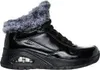 A black Skechers boot with gray fur trim. Voir les images du produit