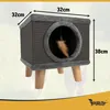 A cat house with scratching post and toy, with dimensions indicated. Produktbild-Vorschau