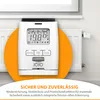 A white electronic radiator thermostat is shown attached to a radiator, with an orange overlay highlighting the product. Náhľad obrázku produktu