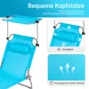 A close-up view of a blue sun lounger with a canopy and headrest, highlighting its features. Podgląd zdjęcia produktu