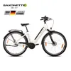 A white electric bicycle is shown against a white background. There are logos and text overlays on the top left of the image. Produktbild-Vorschau