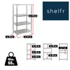A diagram showing the dimensions of a metal shelving unit, along with a logo and weight capacity. Podgląd zdjęcia produktu