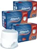 Three boxes of Attends Pull-Ons adult diapers and one diaper are shown. The boxes are blue and orange with the Attends logo and product information. One diaper is shown in front of the boxes. Podgląd zdjęcia produktu