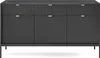 A black sideboard with fluted doors and gold handles is shown against a white background. Produktbild-Vorschau