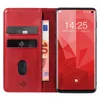 A red leather flip case for a Samsung Galaxy S10 is shown open, displaying credit cards and a banknote, with the phone inside. Produktbild-Vorschau