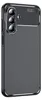 A close-up view of a black smartphone case with a carbon fiber texture. Produktbild-Vorschau