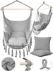 A collage of images showing a gray hanging chair, its details, and accessories.