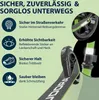 A marketing image for a scooter, highlighting its safety and convenience features with text and icons. Produktbild-Vorschau