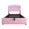 A pink upholstered bed frame with a tufted headboard and LED lighting. Produktbild-Vorschau
