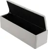 A light gray upholstered storage bench with its lid open, revealing the black interior. Voir les images du produit
